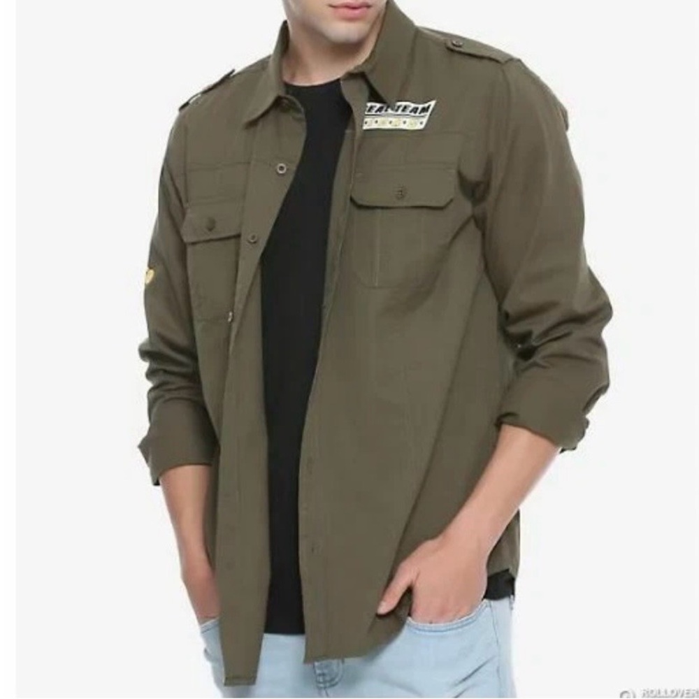 Men's Olive Green Rick and Morty "SEAL Team Ricks" military-style shirt jacket.